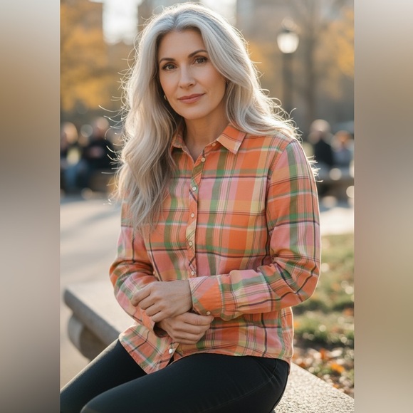 Talbots Womens Peach Pink Cotton Madras Plaid Button Up Shirt Blouse Large - Picture 3 of 7